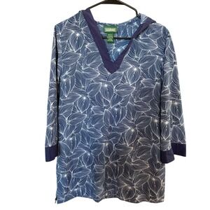 LL Bean Hooded Coverup Tunic M Misses Blue Leaf Boho Beach Resort Vacay Summer